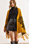 Women's Mustard Rose Patterned Fringed Poncho Cardigan Hrk-19000383