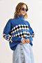 Women's Indigo Turtleneck Argyle Pattern Soft Textured Knitwear Sweater Kzk-19001022 - 5