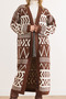 Women's Ecru Brown Ethnic Pattern Soft Textured Long Knit Cardigan Hrk-19000421 - 5