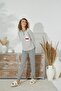 Women's Grey Color Long Sleeve Button-Down Collar Polka Dot Cat Printed Pajamas Set C9T0N151 - 4