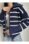 Navy Blue Turn-Down Collar Ecru Striped Zippered Knit Cardigan - 4
