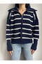 Navy Blue Turn-Down Collar Ecru Striped Zippered Knit Cardigan - 3