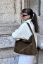 Cleo Large Women's Large Size Zippered Suede Shoulder Bag Khaki