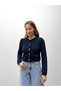 Women's Round Neck Gold Button Blue Knitwear Cardigan - 2