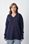 Women's Navy Blue Knitwear Fabric V-Neck Oversize Sweater 4093