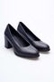 Women's Genuine Leather Thick Heeled Classic Shoes - Navy Blue