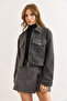 Women's Smoked Lined Zippered Double Pocket Detailed Crop Cashmere Jacket Ckt-19000484 - 4