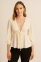 Women's Clothing Short Sleeve V-Neck Front Lace-Up Cream Color Blouse