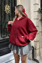 Burgundy Hooded Oversize Zippered Ribbed Sweatshirt
