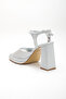 Women's Square Toe Platform Thick Heeled Silver Satin Evening Dress Shoes - 5