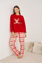 Red Deer Embroidered Plaid Fleece Winter Knitted Pajama Set - 2
