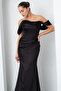 Women's Black Slim Fit Boat Neck Beaded Long Satin Evening Dress - 3