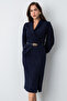 Women's Navy Blue Belted Midi Evening Dress - 3