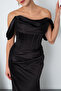 Women's Black Slim Fit Boat Neck Beaded Long Satin Evening Dress - 4