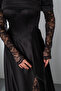 Women's Black Slim Fit Lace Detailed Long Satin Evening Dress - 5