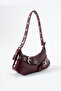 Burgundy Eyelet Belt Buckle Detailed Women's Baguette Hand, Arm and Shoulder Bag - 3