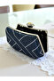 Navy Blue Silver Color Stone Pearl Detailed Handle Women's Evening Dress Bag - 6