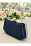 Navy Blue Color Stone Pearl Detailed Handle Women's Evening Dress Bag - 2