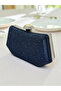 Navy Blue Color Stone Pearl Detailed Handle Women's Evening Dress Bag - 4