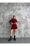 Women's Burgundy Polo Neck Stripe Detailed Skirt Sweater Two-Piece Set - 3