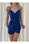 Women's Crepe Fabric Strap Double Breasted Collar Shorts Jumpsuit (Dark Blue) - 6