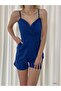 Women's Crepe Fabric Strap Double Breasted Collar Shorts Jumpsuit (Dark Blue) - 3
