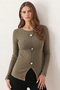 Women's Khaki Wide Neckline Long Sleeve Front Slit Buttoned Blouse Arm-26K001008