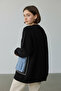 Oversize Knit Cardigan with Pockets - Denim Detailed Buttoned Thick Textured Women's Cardigan - 3