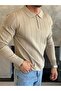 Men's Regular Fit Zipper Collar Stripe Detailed Knitwear Sweater Beige Eca035 - 2