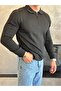 Men's Regular Fit Zipper Collar Stripe Detailed Knitwear Sweater Black Eca035 - 2