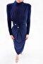 Women's Navy Blue Stone Draped Sandy Midi Dress – Long Sleeve, Formal and Evening Chic, Evening Gown 155 - 3