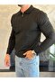 Men's Regular Fit Zipper Collar Stripe Detailed Knitwear Sweater Black Eca035 - 4