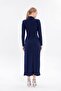 Women's Navy Blue Stone Draped Sandy Midi Dress – Long Sleeve, Formal and Evening Chic, Evening Gown 155 - 8