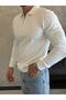 Men's Regular Fit Zipper Collar Stripe Detailed Knitwear Sweater White Eca035 - 4