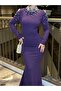 Crepe Stretch Fabric Half Turtleneck Sleeveless Evening Dress with Pearl Details 583079 PURPLE - 4