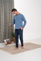 Men's Indigo Single Jersey Patch Pocket Design Classic Long Sleeve Buttoned Seasonal Pajama Set - 4