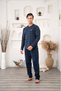 Men's Navy Blue Plaid Long Sleeve Buttoned Pocketed Cotton Seasonal Pajama Set