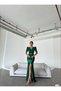 Princess Sleeve Chain Detail Double Breasted Neckline Slit Long Evening Dress 582986 Emerald