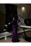 Stretch Velvet Fabric V-Neck Front and Shoulder Stone Embroidered Evening Dress 583051 Purple - 3