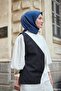 وشاح من الحرير القطني مزين بنقوش باللون الأزرق الداكن مقاس 90x90 - 5