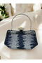 Navy Blue Silver Color Stone Pearl Detailed Handle Women's Evening Dress Bag - 3