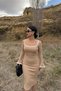Women's Beige White Detailed Square Neck Ribbed Dress