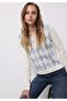 Regular Fit Polo Neck Printed Women's White Sweater