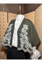 Women's Embroidered Crop Bohemian Oversized Jacket Khaki Green, Standard Size - 3