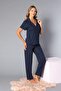 Buttoned Short Sleeve Shirt Pajama Set - Summer Score Patterned Soft Milan Fabric - 58- - 2