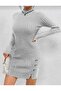 Ribbed Model Button Detailed High Neck Slit Comfortable Fit Knitwear Dress