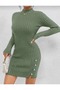 Ribbed Model Button Detailed High Neck Slit Comfortable Fit Knitwear Dress - 2