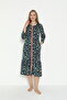 Buttoned Lace Detailed Three Quarter Sleeve Cotton Modal Dress