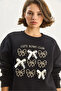 Women's Black Bow Embroidered Three-Thread Embroidered Sweatshirt with Ribbon Accessories 60601048 - 5