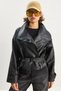 Women's Black Double-Breasted, High Collar, Pocket Detailed, Belted Faux Leather Jacket 3149 60283651
